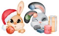 Collection of adorable rabbits with a festive flair. Santa Claus hat Christmas ornament and gift. Rabbit portraits for stickers, Royalty Free Stock Photo