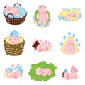 Collection of Adorable Sleeping Newborn Babies Vector Illustration