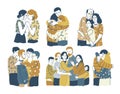 Collection of adorable smiling people standing together and hugging, cuddling and embracing each other. Acceptance, love