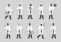 Collection of African American male doctor, physician or surgeon standing in different postures. Bundle of black man