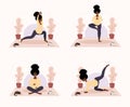 Collection of african pregnant women doing yoga, having healthy lifestyle and relaxation. Bundle of exercises for girls