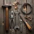 A collection of aged tools arranged on a rustic wooden surface Royalty Free Stock Photo
