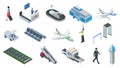 Collection airport isometric icons vector illustration travel terminal. Airline business tourism Royalty Free Stock Photo