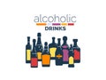 Collection alcoholic drinks. Alcohol bottles stand in row. White background. Illustration isolated. Flat design style with fill.