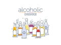 Collection alcoholic drinks. Alcohol bottles stand in row. White background. Illustration isolated. Outline flat design style.