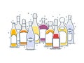 Collection alcoholic drinks. Group of bottles of alcohol standing nearby. Illustration isolated. Outline flat design style. Beer