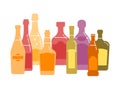 Collection alcoholic drinks. Group of bottles with alcohol. White background. Illustration isolated. Flat design style with fill.