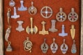Collection of ancient signs and amulets. Axes, knives, Phoenix snakes and other symbols in the form of a badge Royalty Free Stock Photo