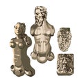 Collection of ancient statues of a muscular man with a beard, beautiful woman and growling lions heads