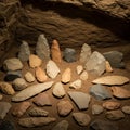 Collection of ancient stone tools displayed on a dirt surface within a cave-like setting Royalty Free Stock Photo