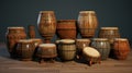 Collection of ancient vintage wooden drums. Oriental musical instruments