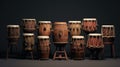 Collection of ancient vintage wooden drums. Oriental musical instruments