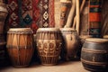 Collection of ancient vintage wooden drums. Oriental musical instruments. Generative AI