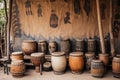 Collection of ancient vintage wooden drums. Oriental musical instruments. Generative AI