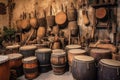 Collection of ancient vintage wooden drums. Oriental musical instruments. Generative AI