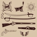 A collection of ancient weapons, hussar caps and medals Royalty Free Stock Photo