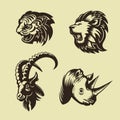 Collection of animal heads. Lion, tiger, rhino and goat. Tattoo and logo design.
