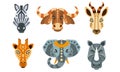 Collection of Animal Heads with Tribal Ethnic Ornament, Zebra, Buffalo, Antelope, Giraffe, Elephant, Rhino Vector Royalty Free Stock Photo