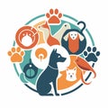 Collection of animal icons including a dog, cat, bird, and birdcage, An abstract representation of various pets and their