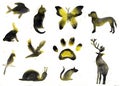 Collection of animal silhouettes, watercolor Royalty Free Stock Photo