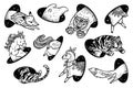 Collection of animals in magic teleport. Linear black and white drawing.