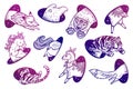 Collection of animals in magic teleport. Linear drawings in bright vibrant gradient color.