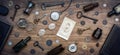 A collection of antique antiques is spread out on the table. Old coins, glasses, photography, glass bottles, keys, watch and