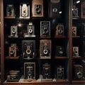 collection of antique cameras in a display case two generative AI Royalty Free Stock Photo