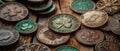 A collection of antique Irish coins and shamrock emblems exhibited for Saint Patricks Day Royalty Free Stock Photo