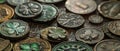 A collection of antique Irish coins and shamrock emblems exhibited for Saint Patricks Day Royalty Free Stock Photo
