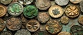A collection of antique Irish coins and shamrock emblems exhibited for Saint Patricks Day Royalty Free Stock Photo