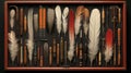 A collection of antique quills and modern styluses displayed side by side in a case