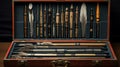 A collection of antique quills and modern styluses displayed side by side in a case