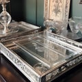 collection of antique silver serving trays in a glass dis one generative AI