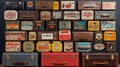 A collection of antique suitcases, each bearing stickers of world economic capitals