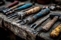 A collection of antique tools arranged on a worn wooden workbench, featuring vintage craftsmanship with a rustic feel, evoking Royalty Free Stock Photo