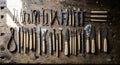 Collection of antique woodworking and carving tools laid out on a wooden surface Royalty Free Stock Photo