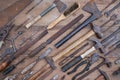 Collection of antique woodworking handtools Royalty Free Stock Photo