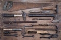 Collection of antique woodworking handtools Royalty Free Stock Photo