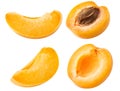 Collection of apricot. Set of fresh apricot fruits cut slices isolated on white background, with clipping path Royalty Free Stock Photo