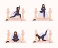 Collection arab pregnant women doing yoga, having healthy lifestyle and relaxation. Bundle exercises for girls. Modern