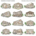 A collection of 12 architectural illustrations depict modern student dormitories. Each Royalty Free Stock Photo