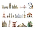 Collection of architectural landmarks painted by watercolor