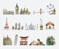 Collection of architectural landmarks painted by watercolor Royalty Free Stock Photo