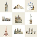 Collection of architectural landmarks painted by watercolor Royalty Free Stock Photo