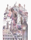 Collection of architectural landmarks painted by watercolor Royalty Free Stock Photo