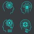 Collection of Artificial intelligence icon set in line style, machine learning, smart robotic head and cloud computing network Royalty Free Stock Photo