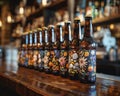 Collection of artisanal beer bottles lined up on a bar counter, featuring unique label art and exclusive release tags, with a