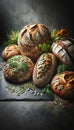 Collection of artisanal breads decorated green and seeds on a stone surface. Generative AI