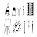 Collection of artist supplies. Set of different art tools paint brushe, easel, palette knife, pencil. Painter Royalty Free Stock Photo